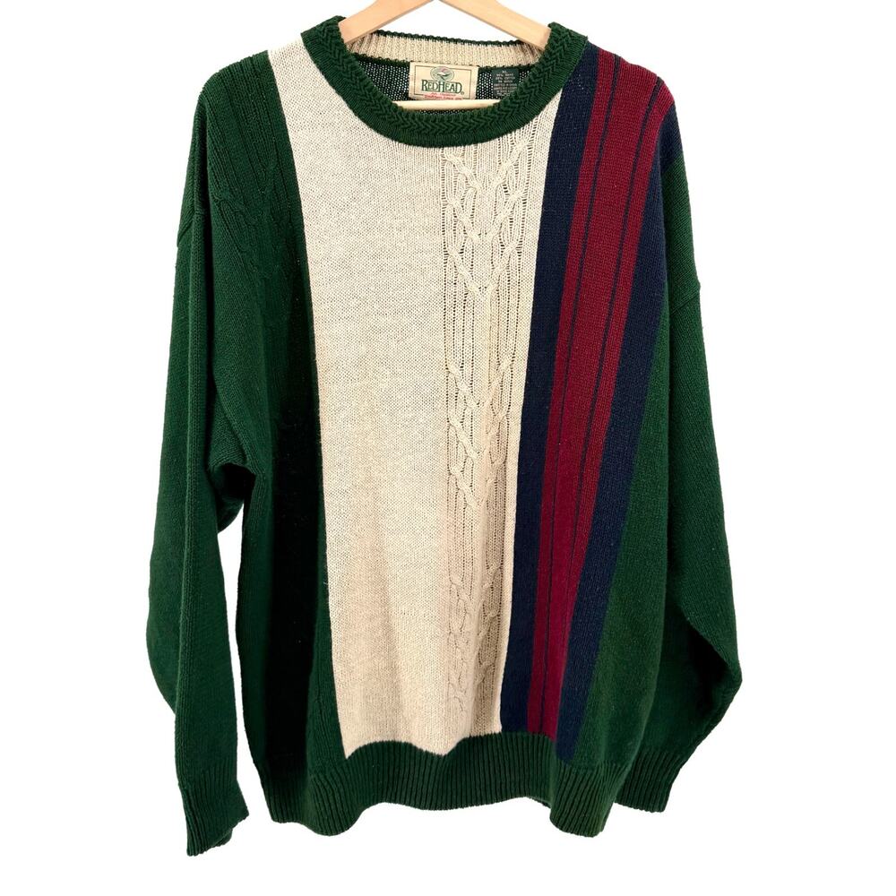 Vintage 90s RedHead Green Colorblock Cable Knit Crewneck Sweater